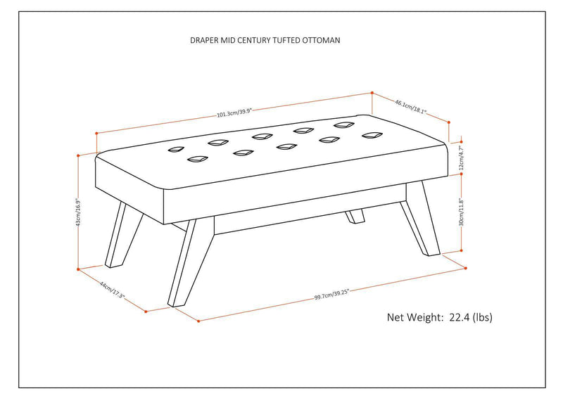 Draper - Upholstered Mid Century Tufted Ottoman Bench