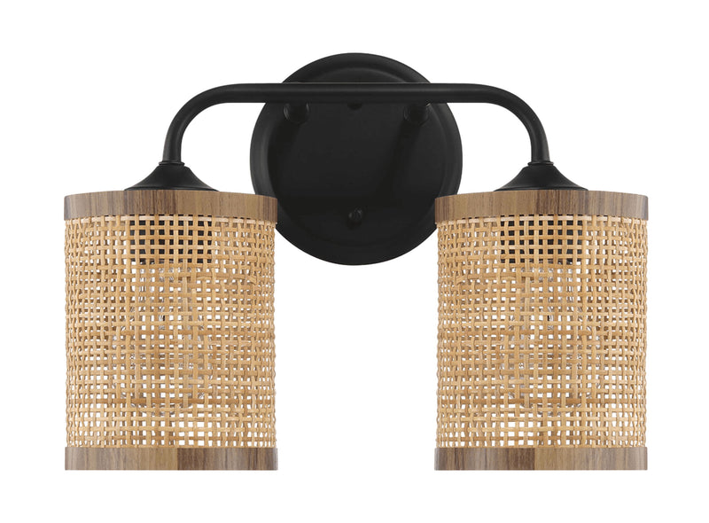 Quell - Double Light Vanity With Natural Shade Wall Lamp - Black / Rattan