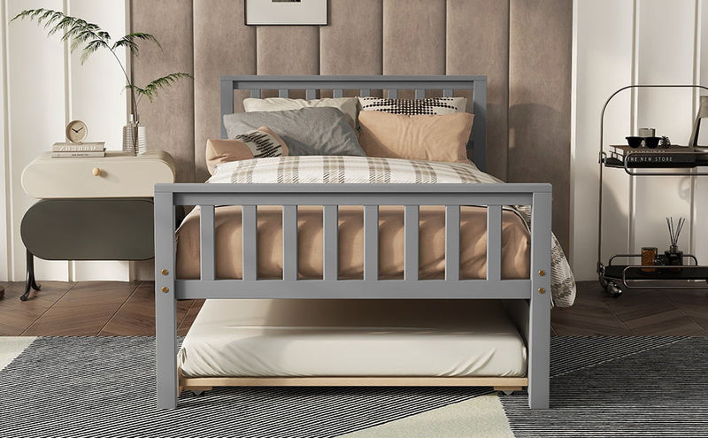 Twin Bed With Trundle, Platform Bed Frame With Headboard And Footboard, For Bedroom Small Living Space, No Box Spring Needed