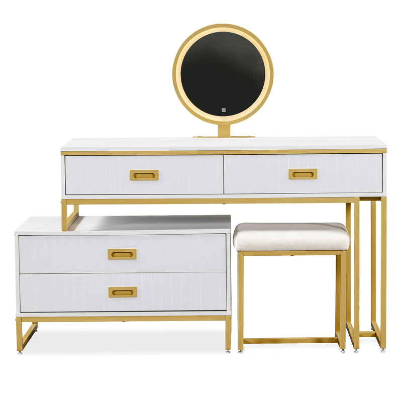 Modern Style Vanity Table With Movable Side Cabinet And 4 Drawers, Large Size Dressing Table With Mirror And 3 Colors Led Light, Makeup Table With Stool - White / Golden