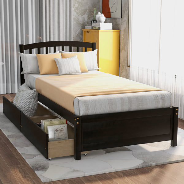 Twin Platform Storage Bed Wood Bed Frame with Two Drawers and Headboard, Espresso(Previous SKU: SF000062PAA)