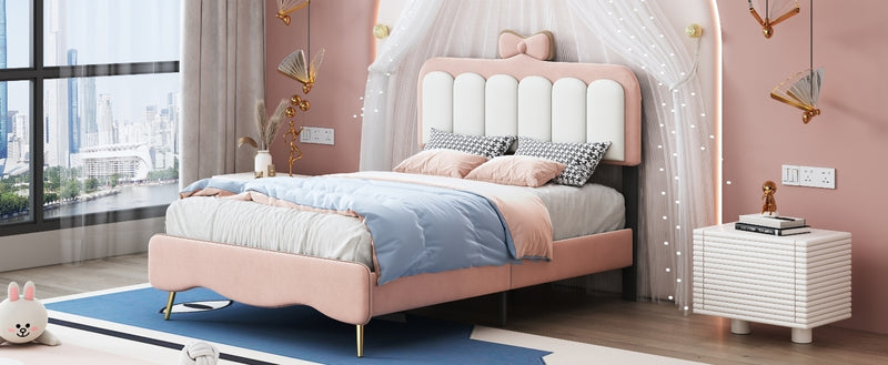 Twin size Velvet Princess Bed With Bow-Knot Headboard,Twin Size Platform Bed with Headboard and Footboard,White+Pink