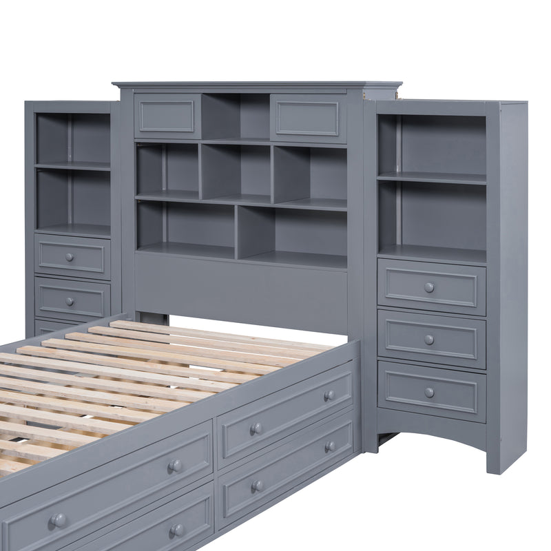 Twin Size Wood Platformbed with Vertical All-in-One Cabinet and 4 Drawers on each side, Gray