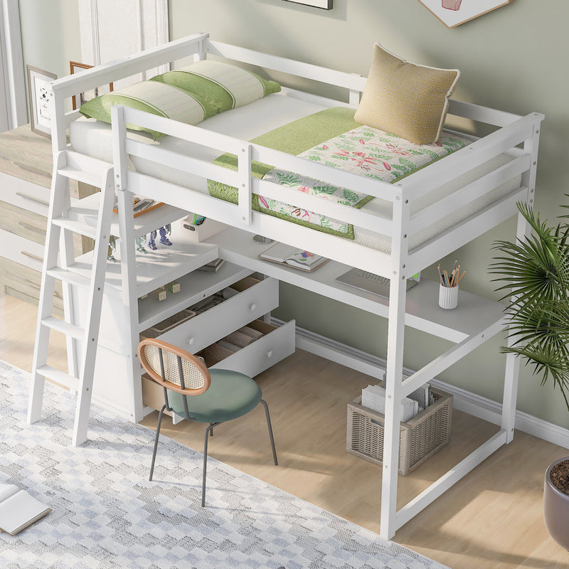 Twin Size Loft Bed with Desk and Shelves, Two Built-in Drawers, White (old SKU: GX000803AAK-1)