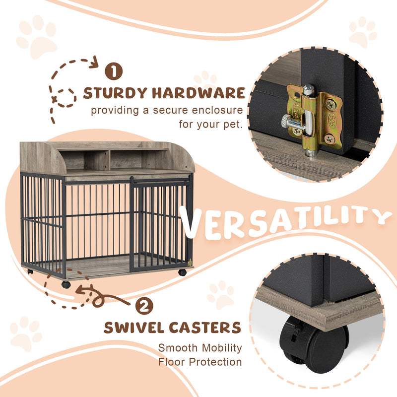 Heavy Duty Dog Crate Furniture For Medium Dog With Lockable Wheels, Wooden Dog Crate Dog Kennel, End Table Crate With Double Layer Storage