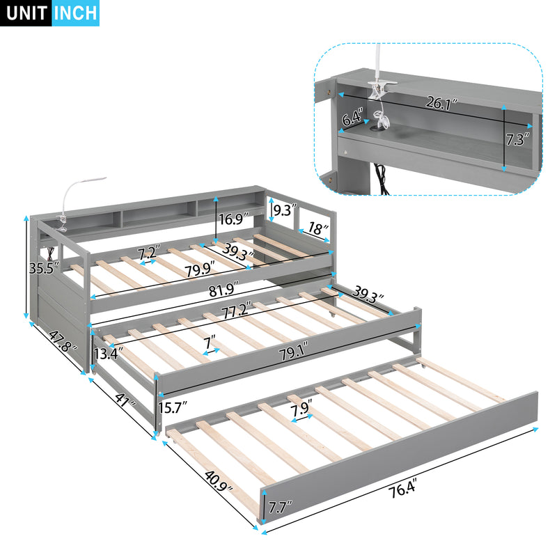 Twin XL Wood Daybed with 2 Trundles, 3 Storage Cubbies, 1 Light for Free and USB Charging Design, Gray