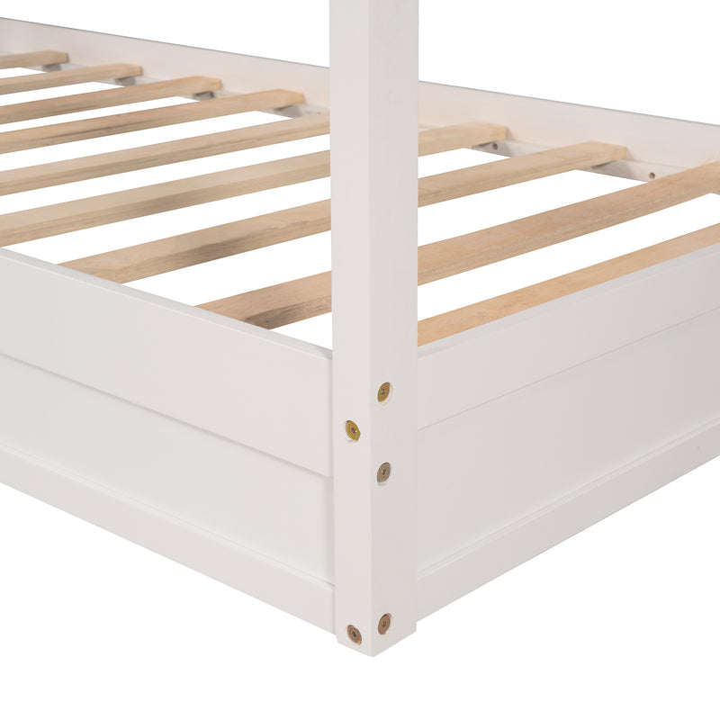 Wood House Bed Twin Size, 2 Twin Solid Bed L structure with fence and slatted frame （White)