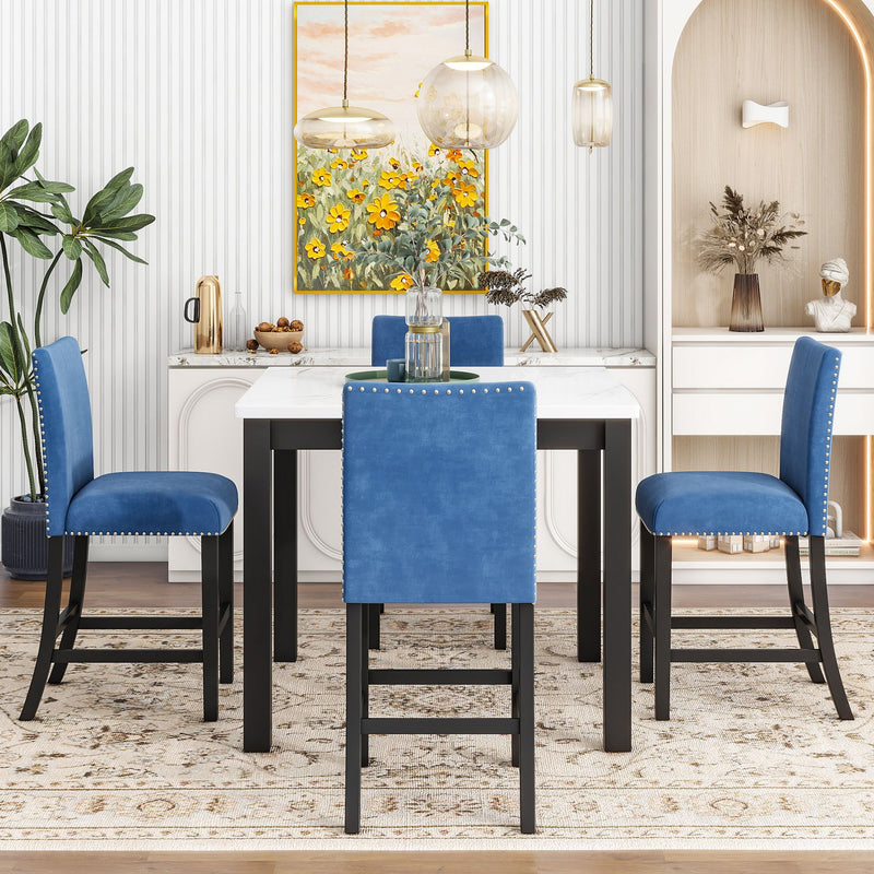 5-Piece Counter Height Dining Table Set With One Faux Marble Top Dining Table And Four Velvet Upholstered Chairs