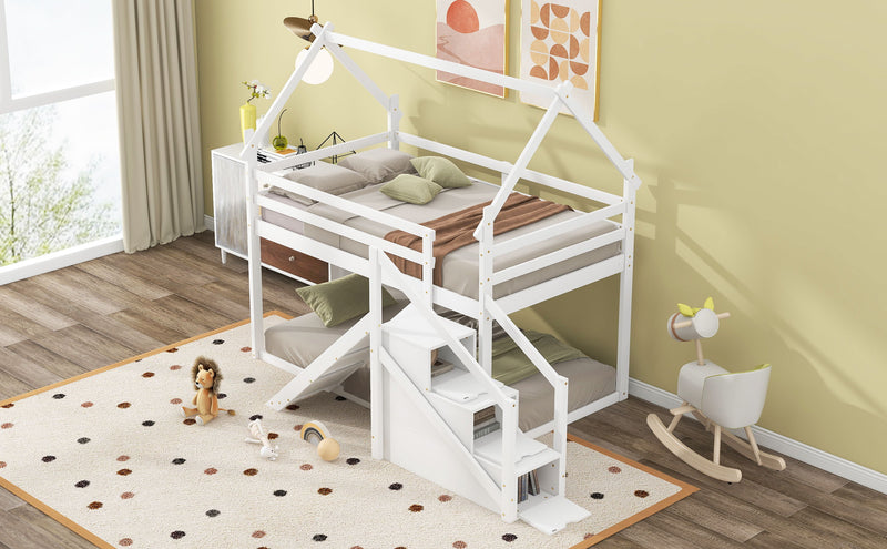 Twin Over Twin House Loft Or Bunk Bed With Slide And Staircase