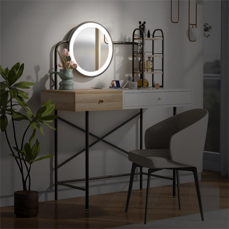 Makeup Vanity Desk With 3-Mode Lighted Mirror & Wireless Charging Station, Vanity Table With Drawer & 3 Open Shelves For Ample Storage Space, Dressing Table For Bedroom