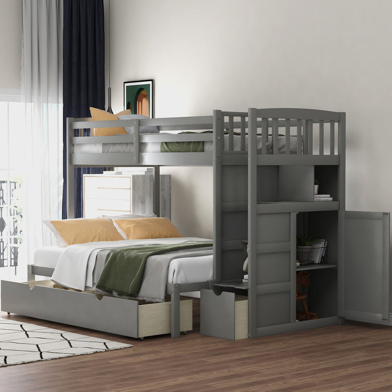 Bunk Bed, Convertible Bottom Bed, Storage Shelves And Drawers