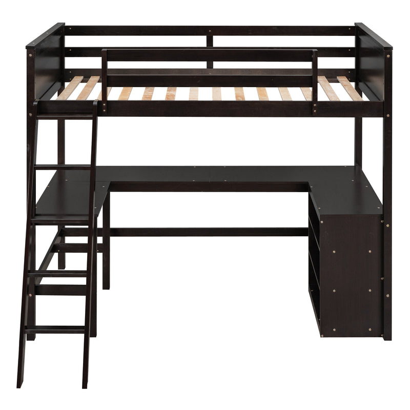 Twin size Loft Bed with Shelves and Desk, Wooden Loft Bed with Desk - Espresso(OLD SKU:LT000537AAP)