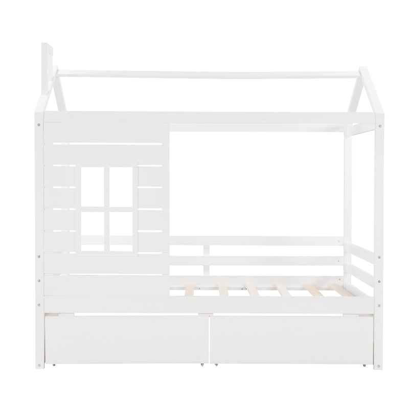 Twin Size House Bed Wood Bed with Two Drawers ( White )