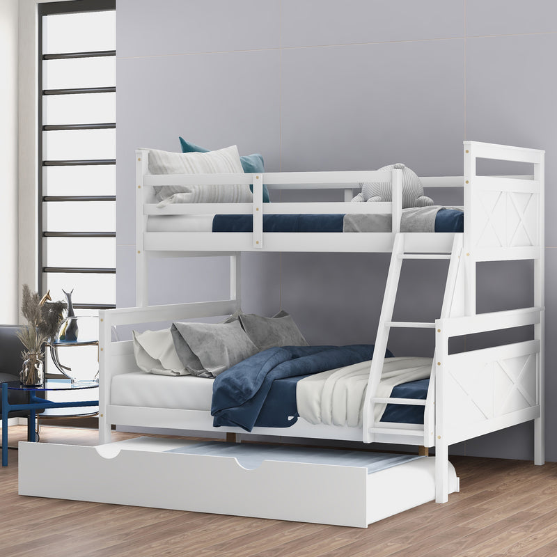 Twin over Full Bunk Bed with Ladder, Twin Size Trundle, Safety Guardrail, White(Old SKU: SM000208AAE-1)