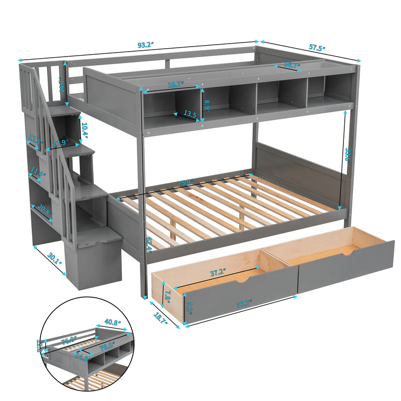 Twin over Full Bunk Bed with Shelfs, Storage Staircase and 2 Drawers, Gray