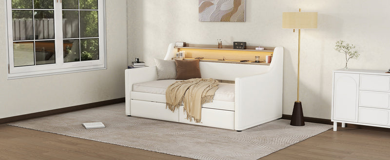 Twin Size Daybed with Storage Drawers, Upholstered Daybed with Charging Station and LED Lights, White(Expect arrival date May, 9th