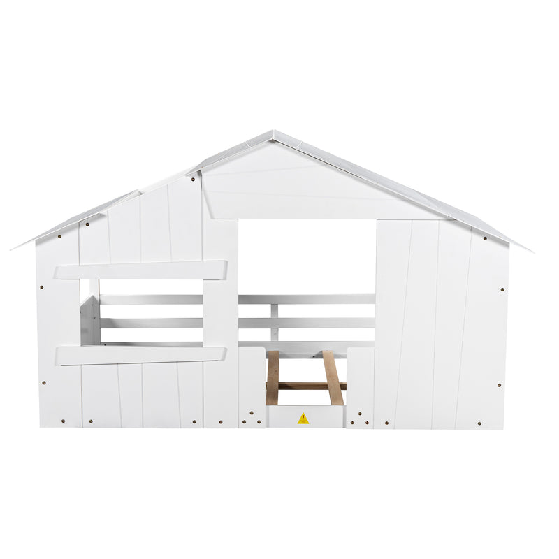 Wood Full Size House Bed with Roof, Window and Guardrail, White