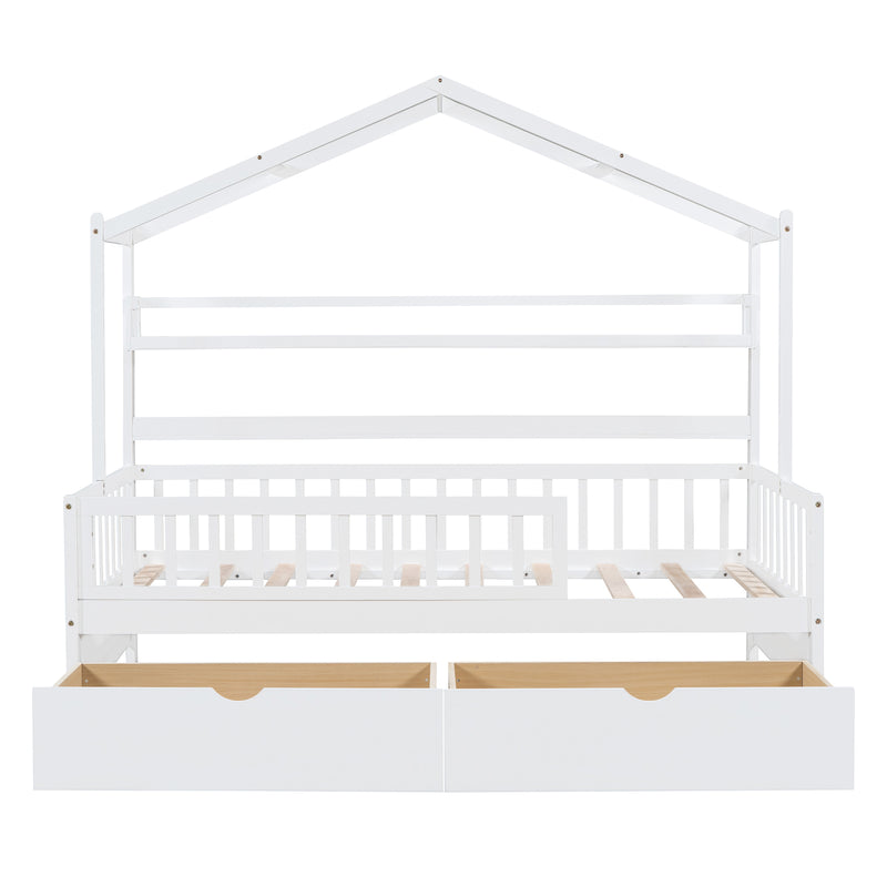 Wooden Twin Size House Bed with 2 Drawers,Kids Bed with Storage Shelf, White