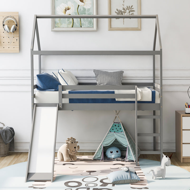 Twin Loft Bed with Slide, House Bed with Slide,Gray(OLD SKU :WF286245AAE)