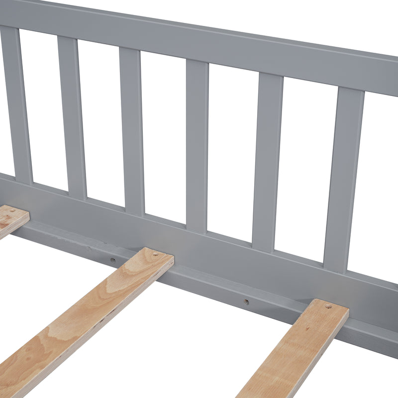 Twin House-Shaped Bedside Floor Bed with Guardrails, Slats, with Door,Grey