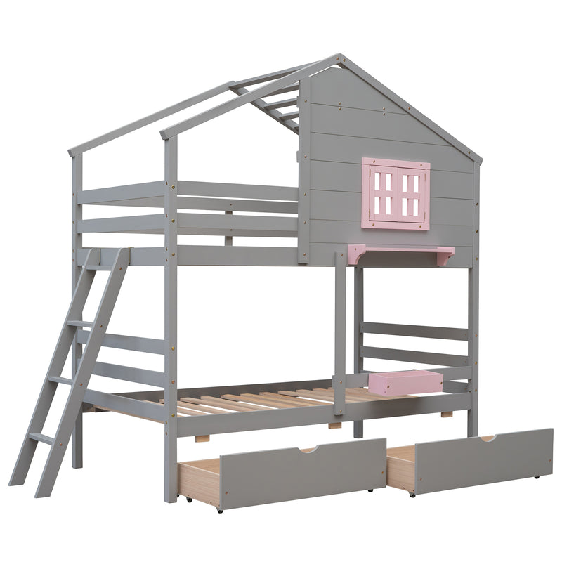 Twin over Twin Bunk Bed with 2 Drawers, 1 Storage Box, 1 Shelf, Window and Roof-Gray(OLD SKU:LT000608AAE)