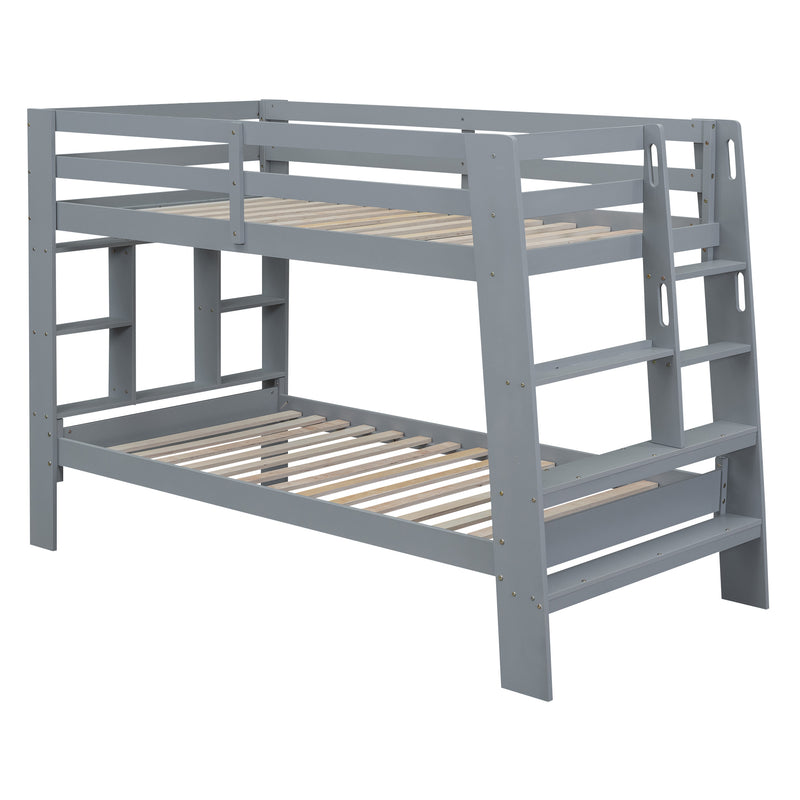 Twin over Twin Bunk Bed with Shelves and Built-in Ladder, Gray