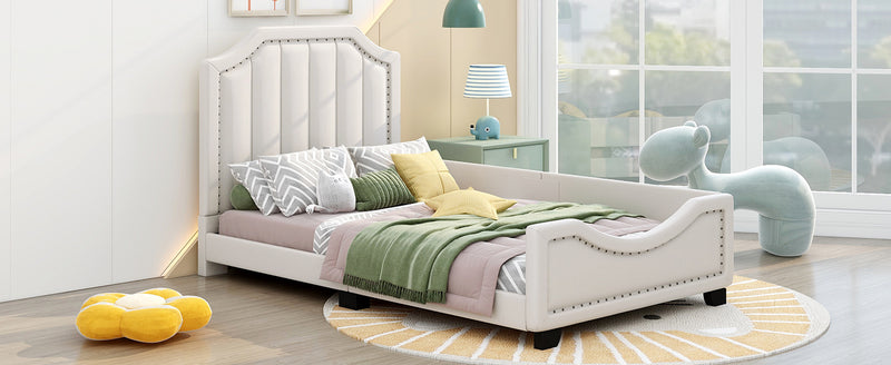 Twin Size Upholstered Platform Bed with Nailhead Trim Decoration and Guardrail, Beige