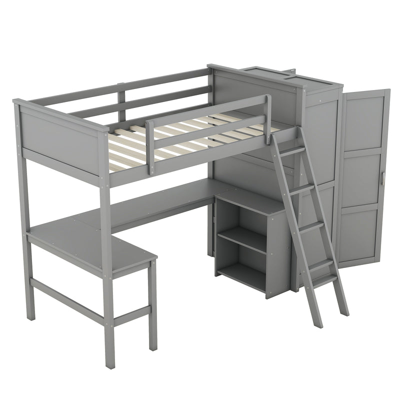 Twin size Loft Bed with Desk, Shelves and Wardrobe-Gray