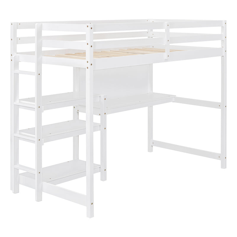 Twin Size Wooden Loft Bed with Shelves, Desk and Writing Board - White