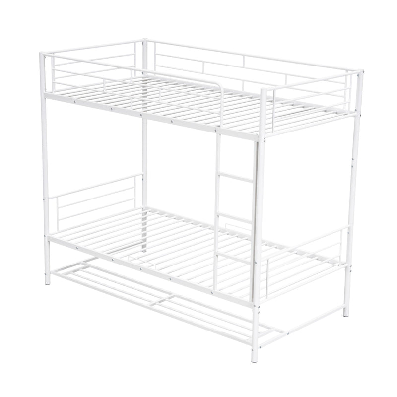 Twin Over Twin Metal Bunk Bed With Shelf And Guardrails