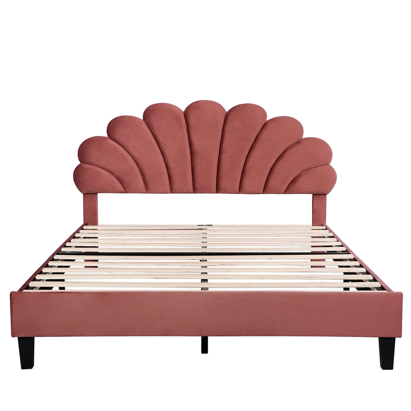 Queen Size Upholstered Platform Bed with Flower Pattern Velvet Headboard, Bean Paste Red