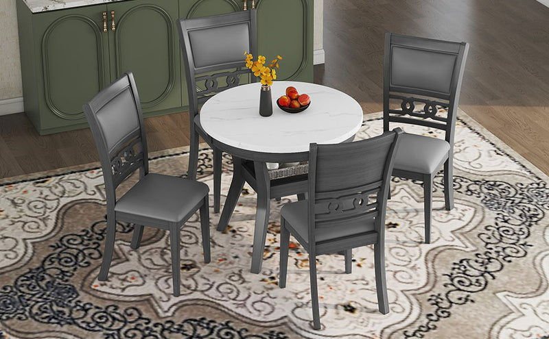 5 Piece Dining Round Table Set With One Faux Marble Top Dining Table And Four Pu-Leather Chairs - Gray