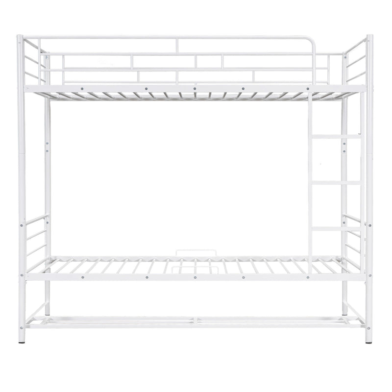 Twin Over Twin Metal Bunk Bed with Shelf and Guardrails, White