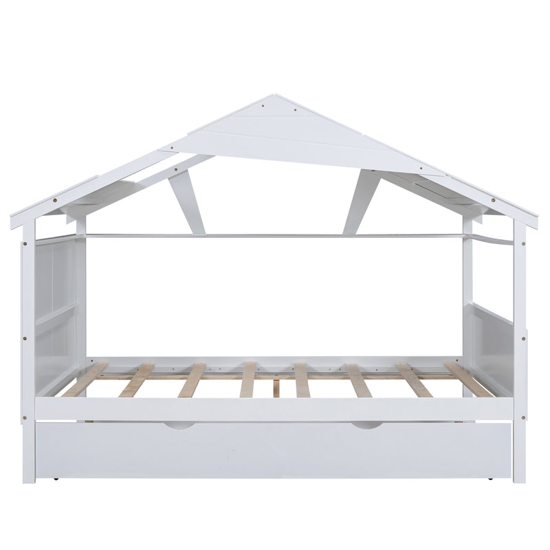 Wood Full Size House Bed with Twin Size Trundle and Storage, White