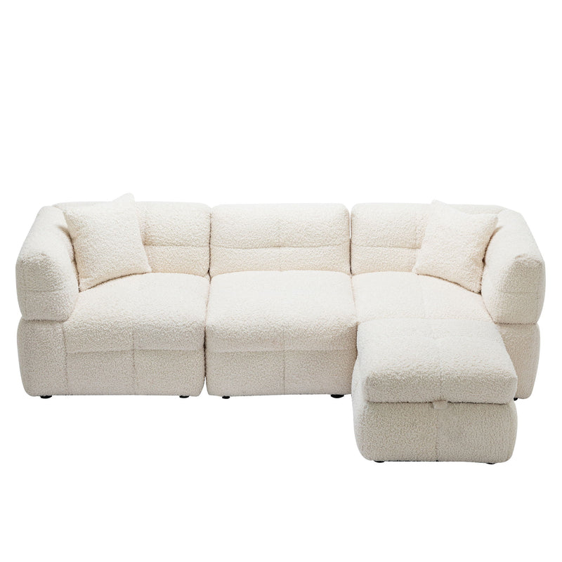 Sectional Sofa Cozy Teddy Fleece Sectional Sofa Couch With Two USB Ports A Movable Storage Ottoman And Two Lumbar Pillows For Living Room