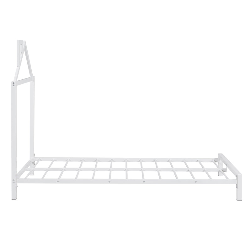 Twin Size Metal Platform Bed with House-Shaped Headboard Design, White