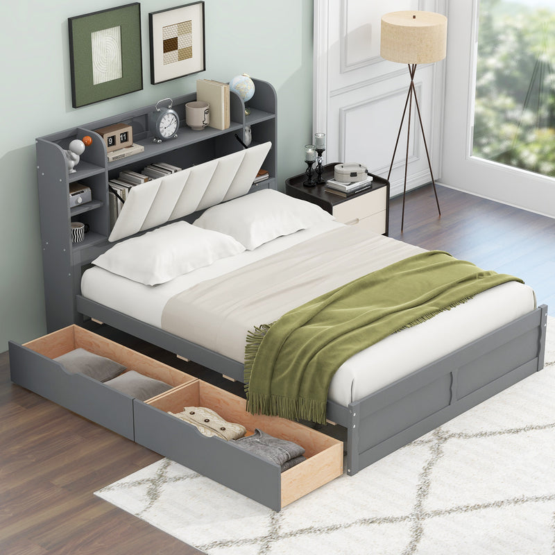 Wood Queen Size Platform Bed with Storage Headboard, Shelves and 2 Drawers, Gray