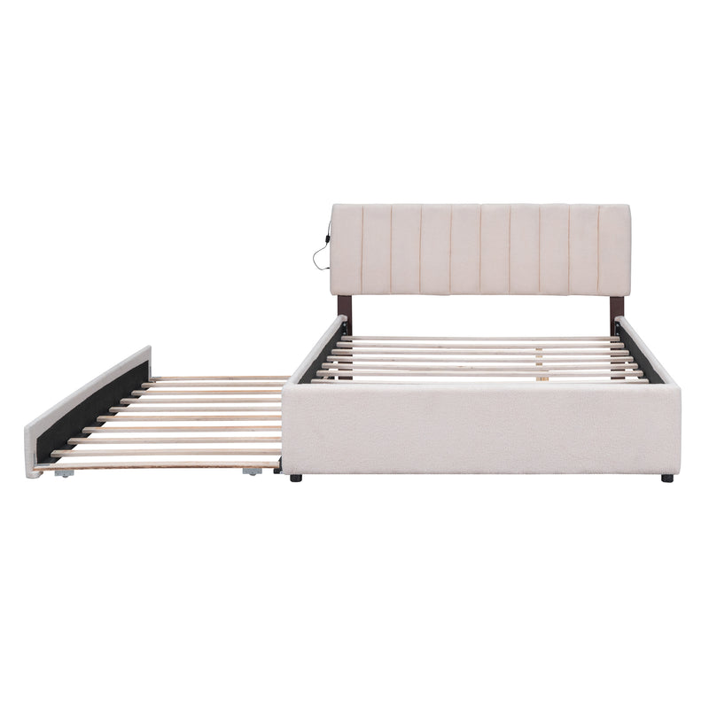 Teddy Fleece Queen Size Upholstered Platform Bed with Trundle, Beige