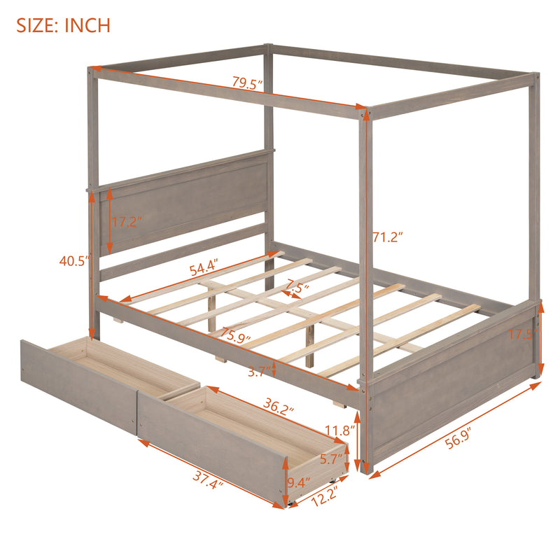 Wood Canopy Bed with two Drawers, Full Size Canopy Platform bed With Support Slats .No Box Spring Needed, Brushed Light Brown