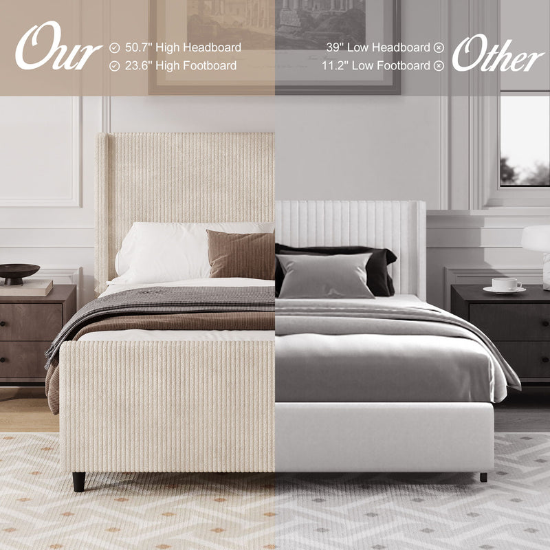 Corduroy Upholstered Bed Frame With Vertical Stripe Wingback And High Footboard No Box Spring Needed