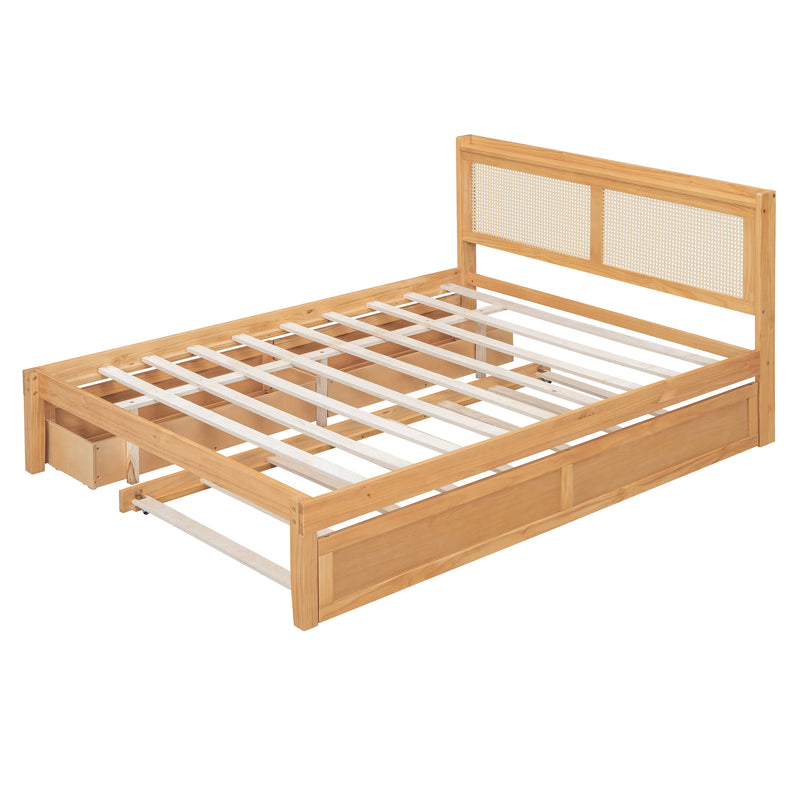 Queen Size Elegant Bed Frame with Rattan Headboard and Sockets ,Walnut