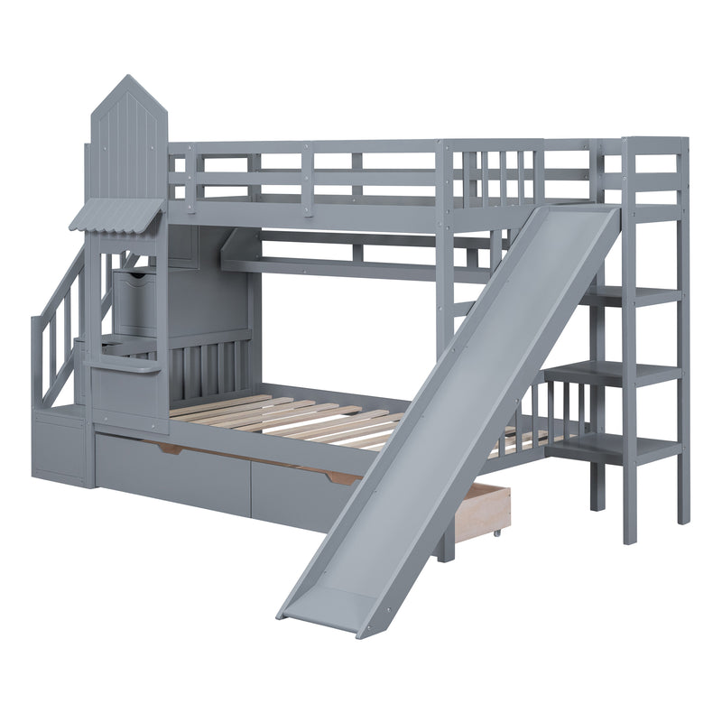 Twin-Over-Twin Castle Style Bunk Bed with 2 Drawers 3 Shelves and Slide - Gray