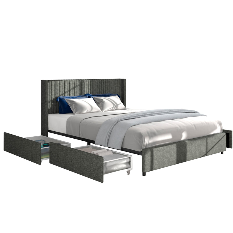 Anna Full Size Gray Linen Upholstered Wingback Platform Bed with Patented 4 Drawers Storage, Modern Design Headboard with Tight Channel, Wooden Slat Mattress Support No Box Spring Needed