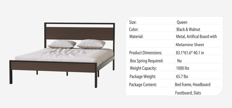 Ceres Metal Bed, Black with Walnut Wood Headboard&Footboard, Queen