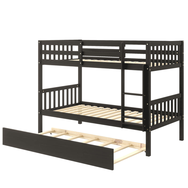 Twin Over Twin Bunk Beds with Trundle, Solid Wood Trundle Bed Frame with Safety Rail and Ladder, Kids/Teens Bedroom, Guest Room Furniture, Can Be converted into 2 Beds,Espresso