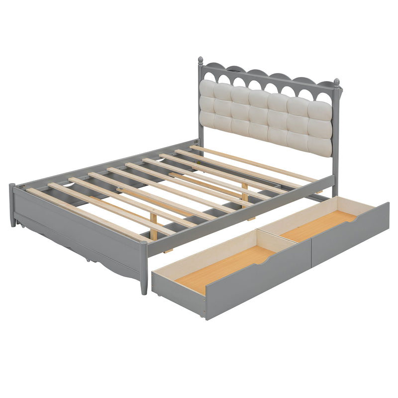 Storage Platform Bed, With 2 Big Drawers, Trundle, One Set Of Sockets & USB Ports