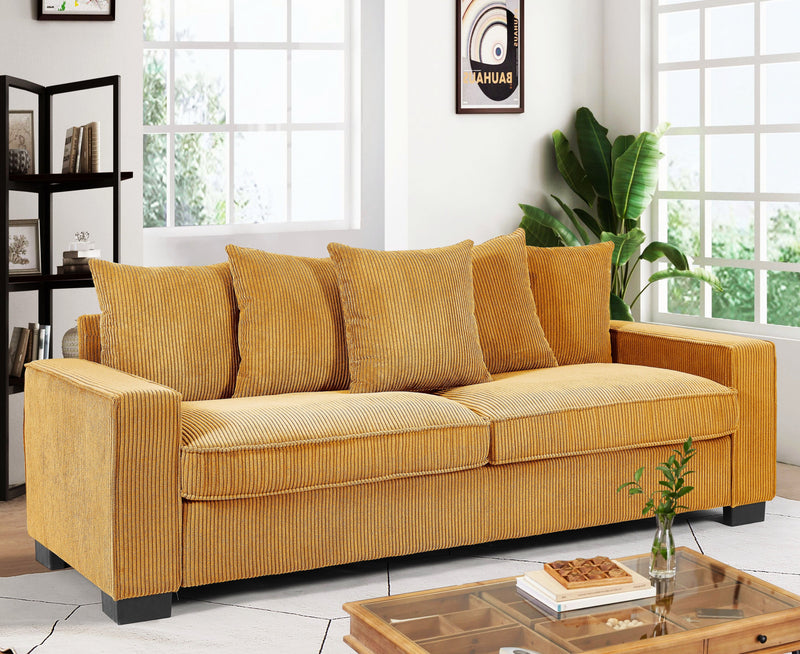 Luxe Corduroy Sofa With 5 Matching Toss Pillows, Sleek Design, Spacious And Comfortable 3 Seater Couch