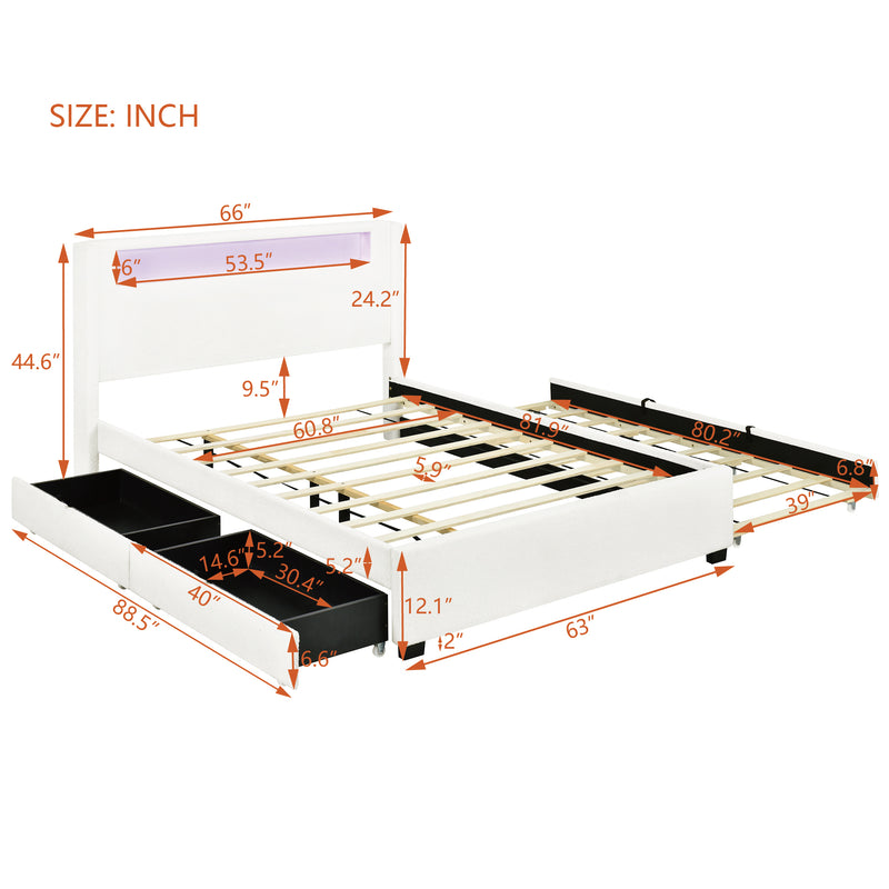 Queen Size Upholstered Platform Bed with LED Frame, with Twin  XL Size Trundle and 2 drawers, Teddy Fleece, White