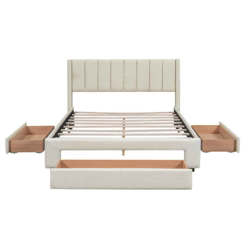 Queen Size Upholstered Platform Bed with One Large Drawer in the Footboard and Drawer on Each Side,Beige