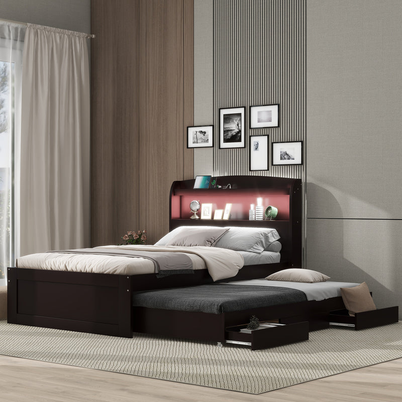 Twin XL Size Platform Bed with Storage LED Headboard, Charging Station, Twin Size Trundle and 2 Drawers, Dark Brown